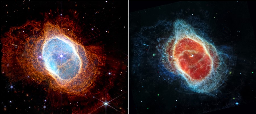 side-by-side comparison shows observations of the Southern Ring Nebula